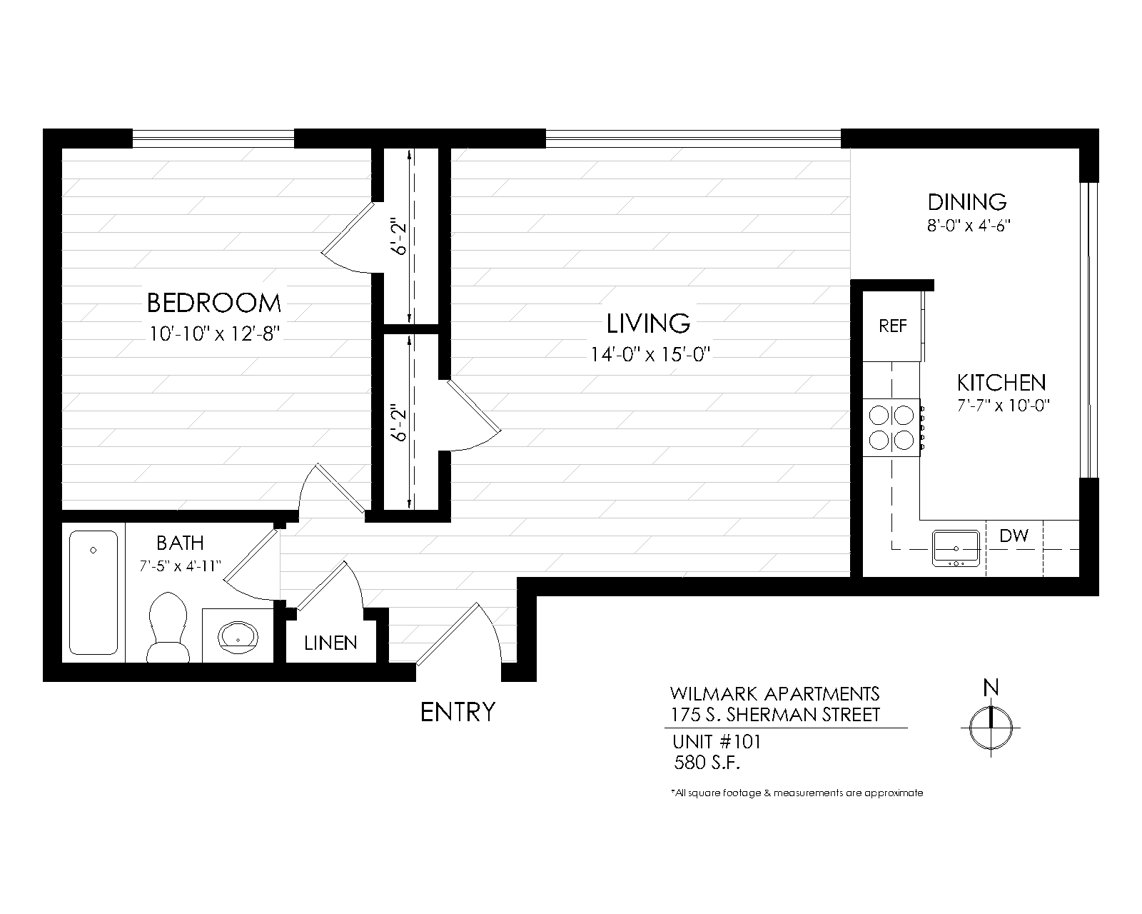 Floor plan for 1 bed, 1 bath, 550 sqft